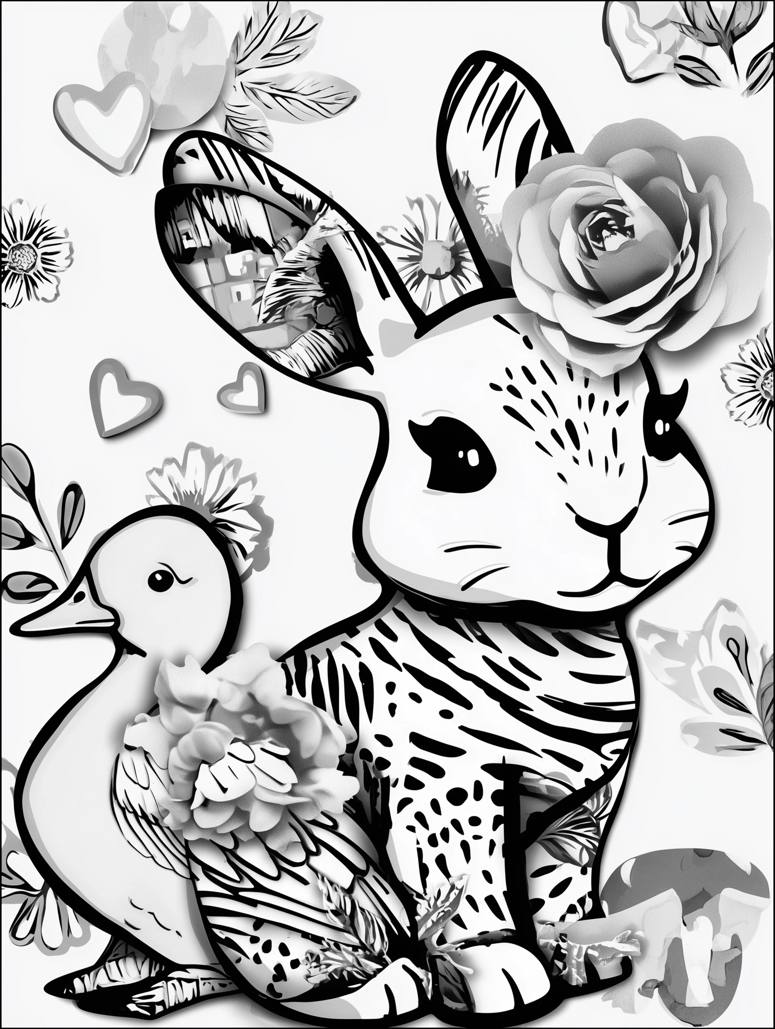Free printable rabbit coloring page for adults featuring a bunny next to a duck